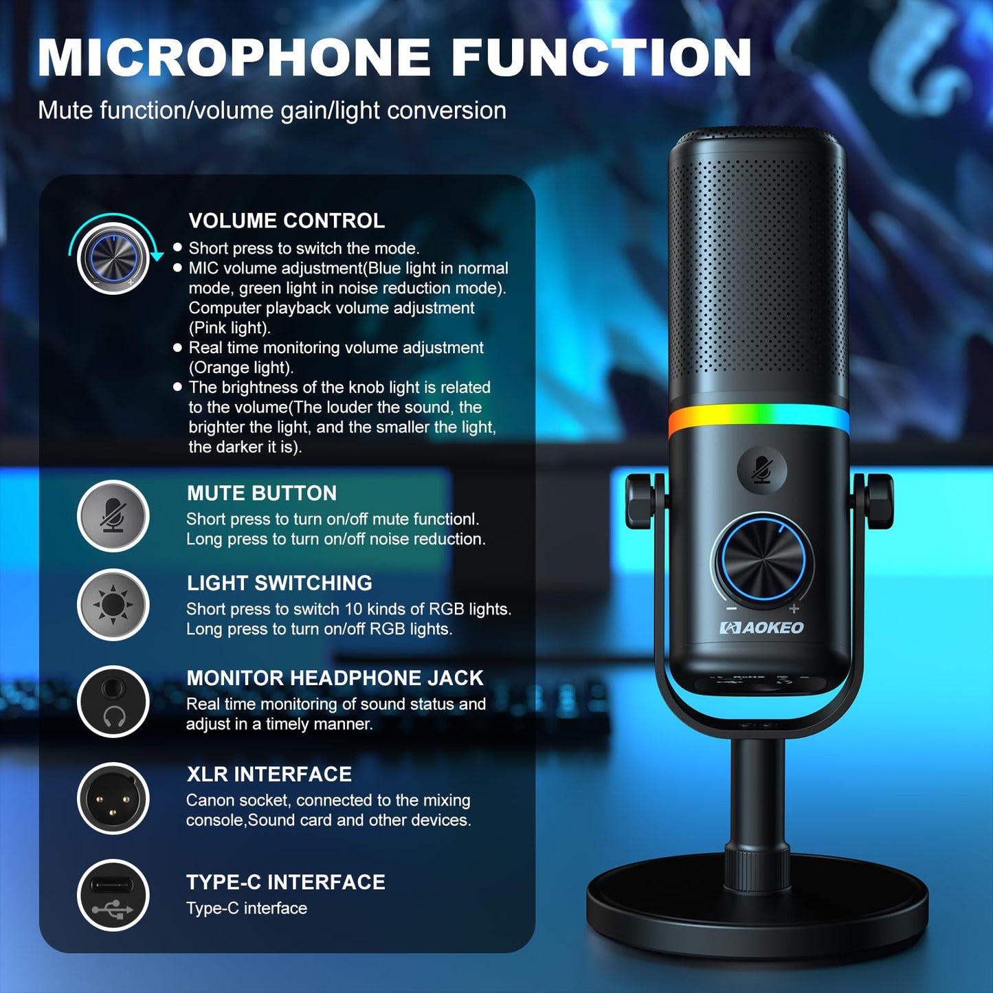Aokeo Microphone for PC, AK-10 USB/XLR Dynamic Desktop Microphone for Gaming,Podcast,Streaming with RGB Light,Volume Control,Mute Button,Noise