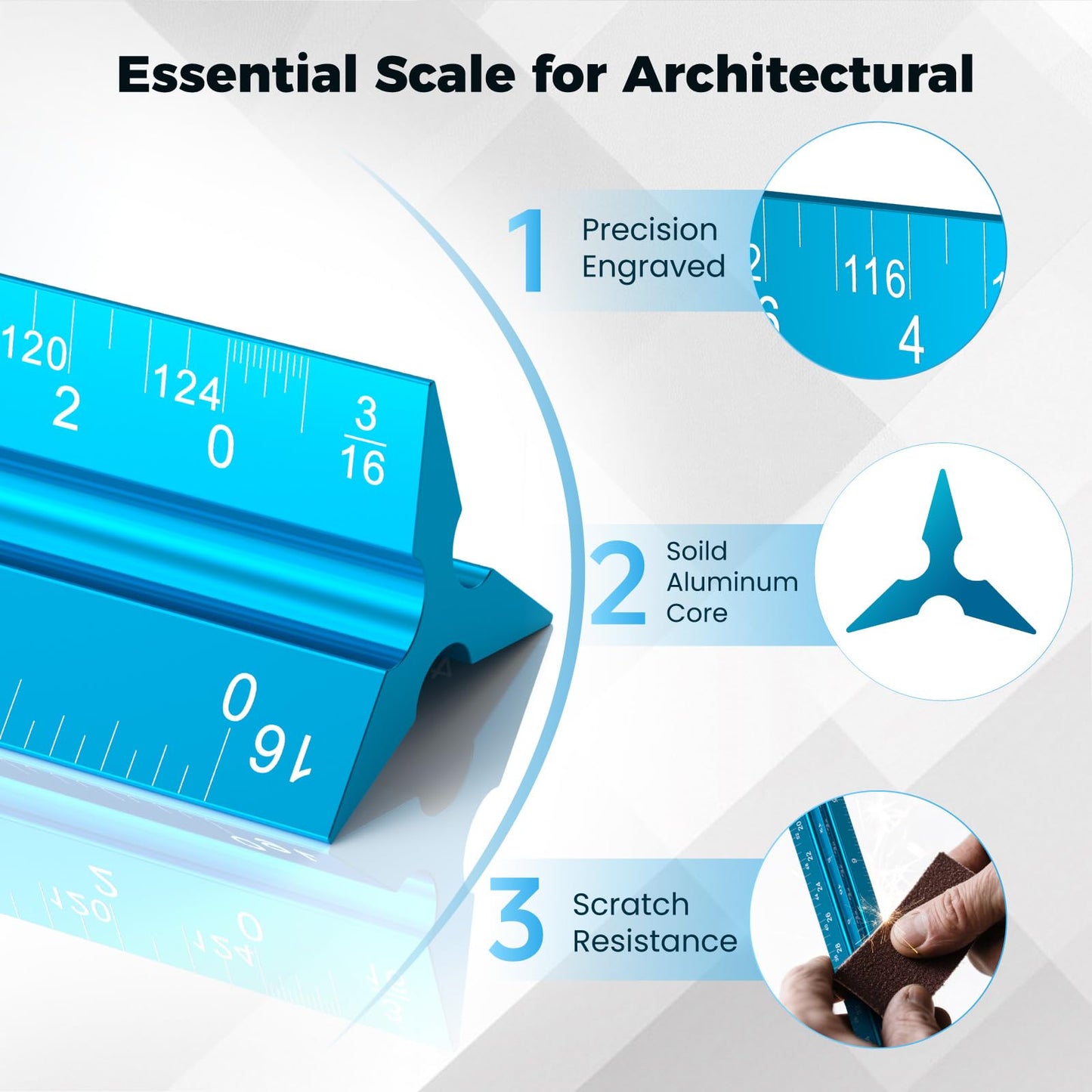 Rena Chris Architectural Scale Ruler: 12" Imperial Aluminum Alloy Metal Architecture Measuring Tools, Engineering Drafting Construction Drawing