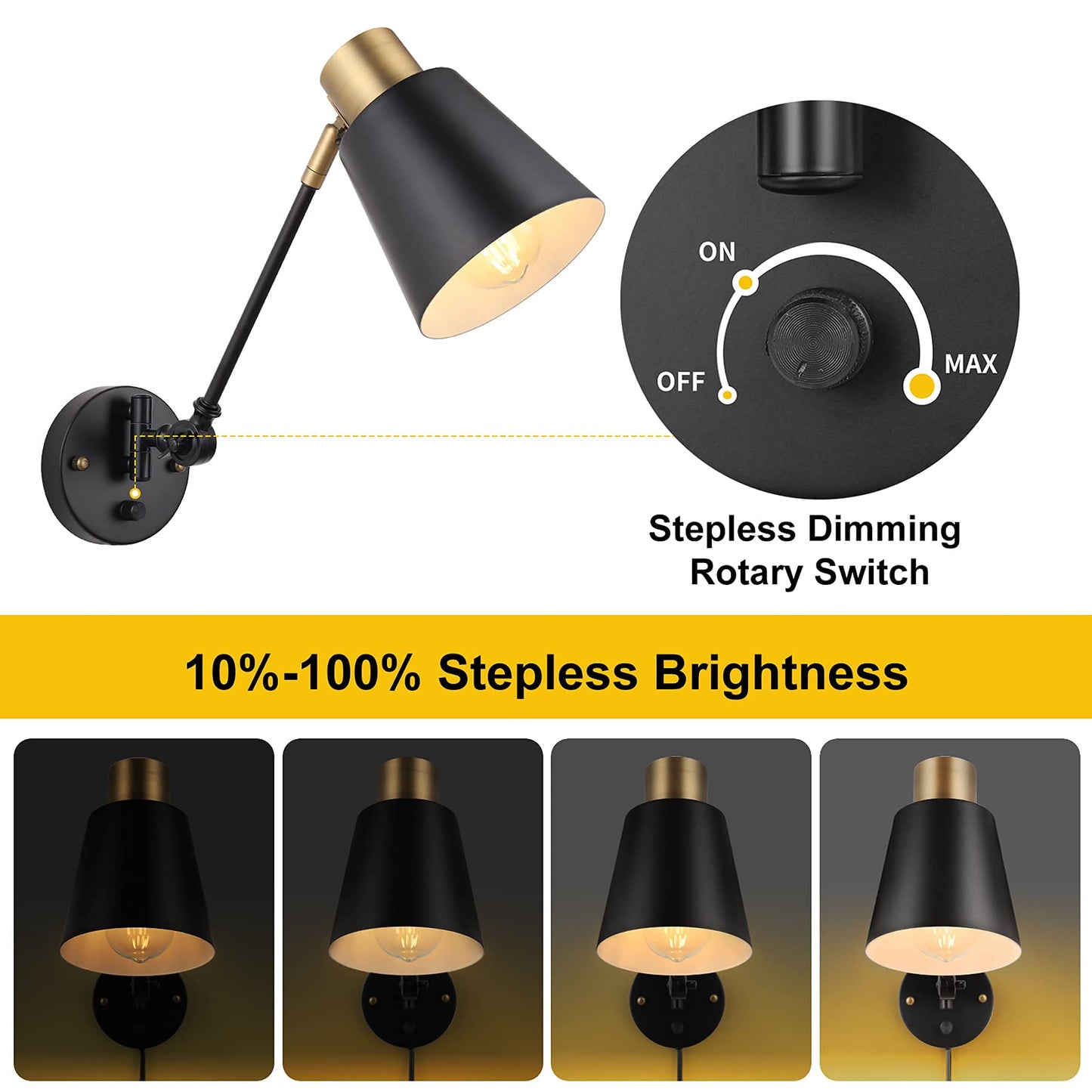 GOODATE Dimmable Wall Lamp with Plug in Cord, Plug in Wall Sconces, Swing Arm Wall Light with On Off Switch, Metal Black Brass Industrial Wall Lamp
