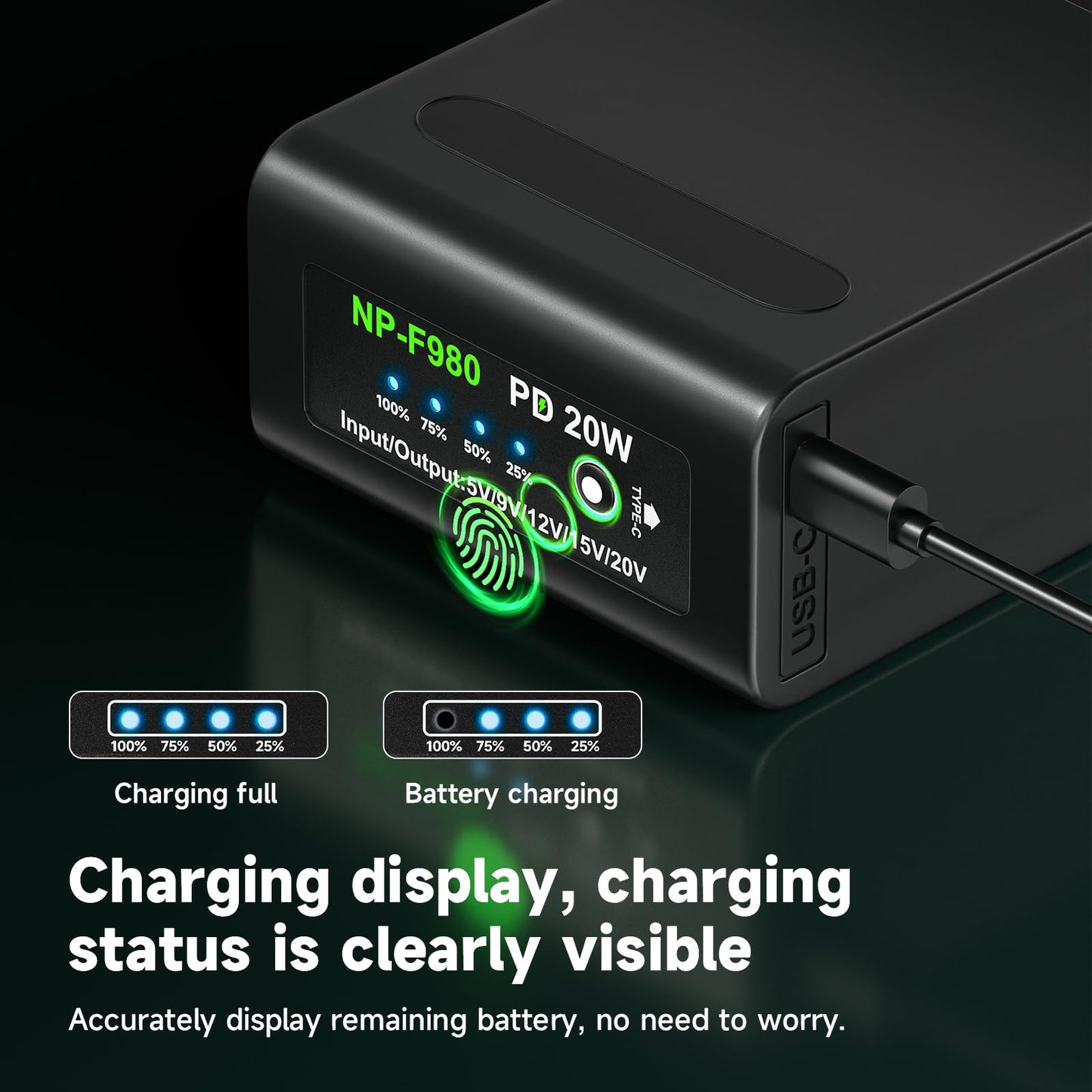 10800mAh NP-F970 NP-F980 Battery Replacement with PD 20W Fast Charging Type C USB Fast Charging Cable for Sony Handycam Video Light Monitor