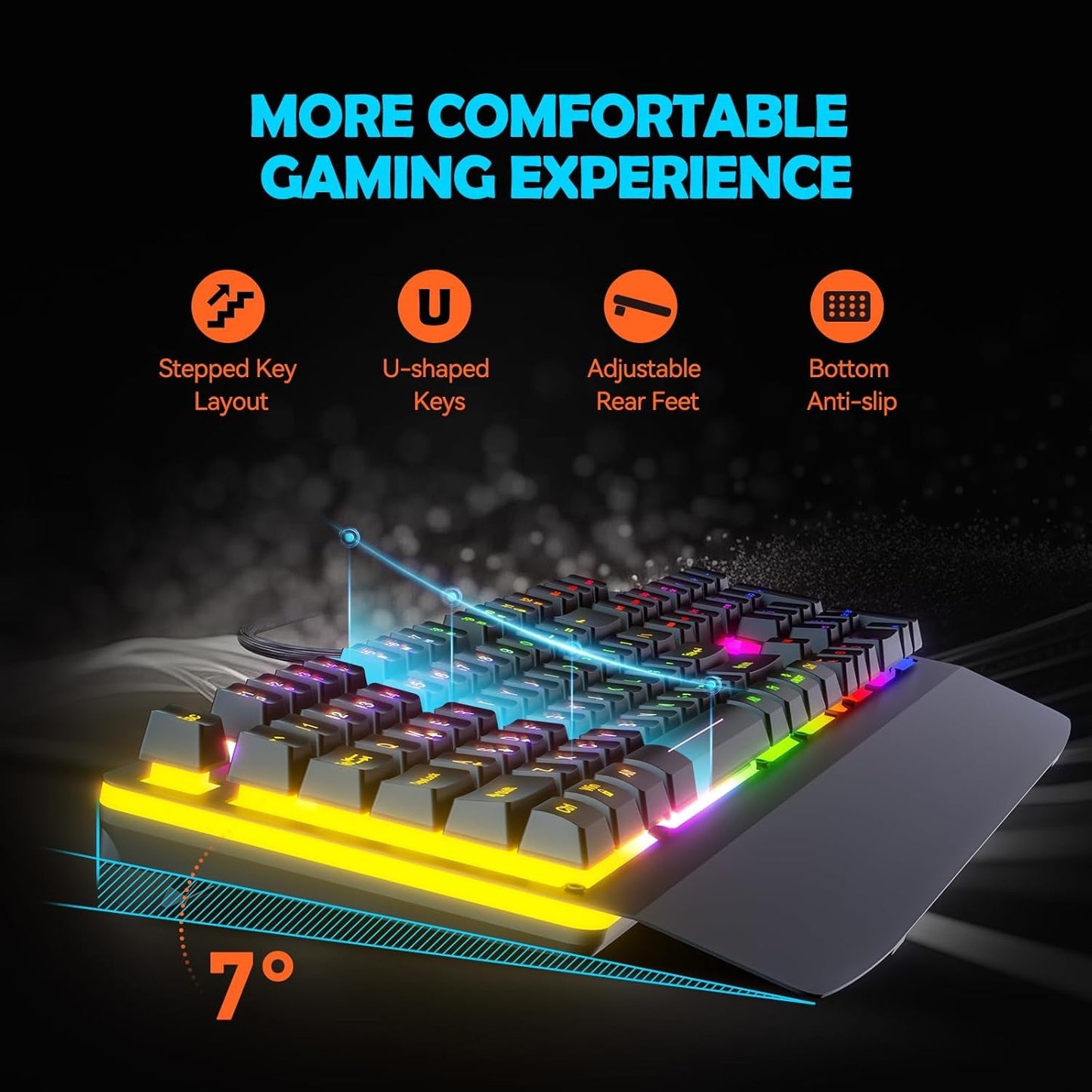 Wired Gaming Keyboard,RGB Light Up Keyboard with Wrist Rest,104Keys All Metal Panel Rainbow Backlit for Gaming,Silent Computer with Multimedia