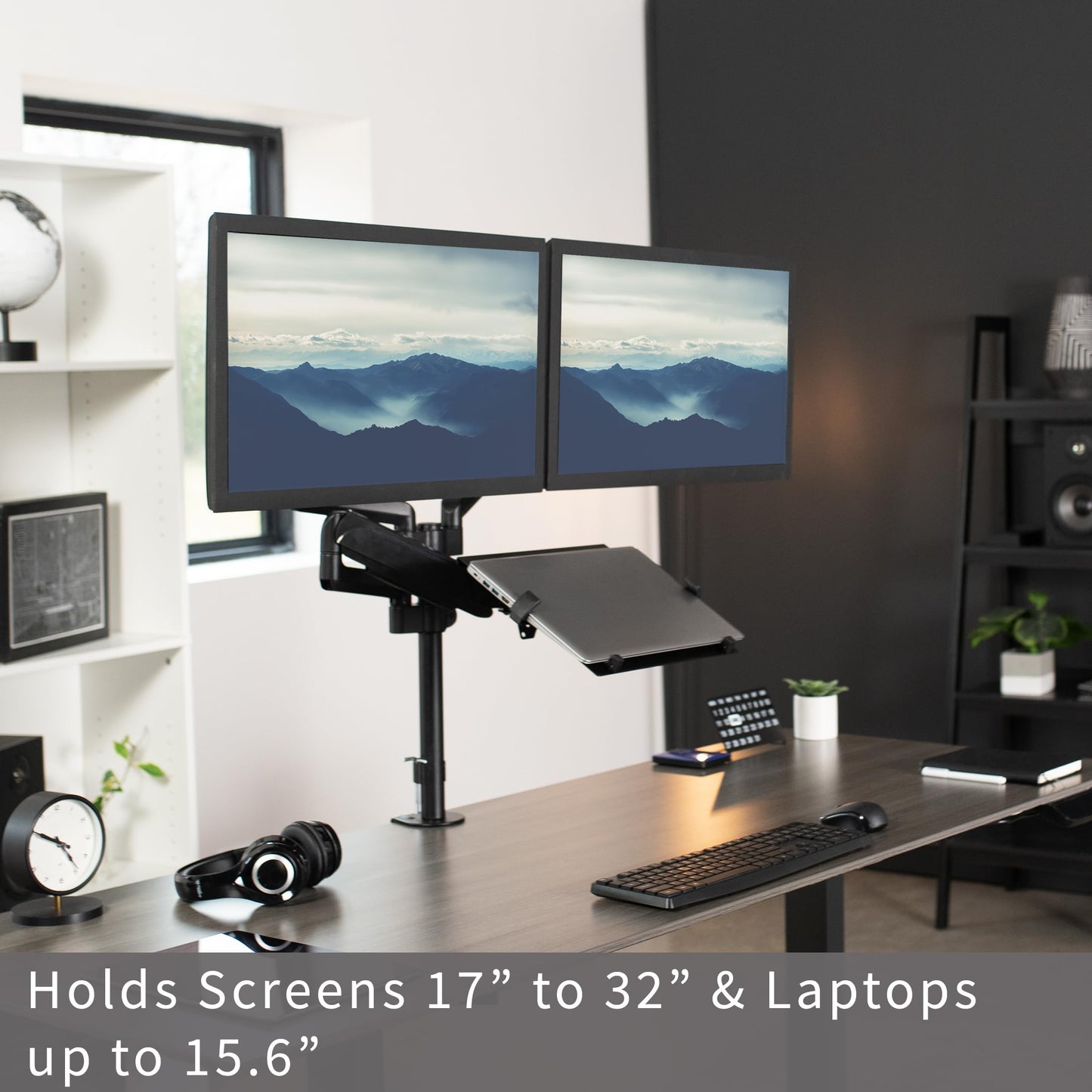 VIVO Laptop and Dual 17 to 32 inch Monitor Pneumatic Arm Mount, Fits 2 Flat or Curved Computer Screens and 10 to 15.6 Inch Notebooks, Laptop Tray