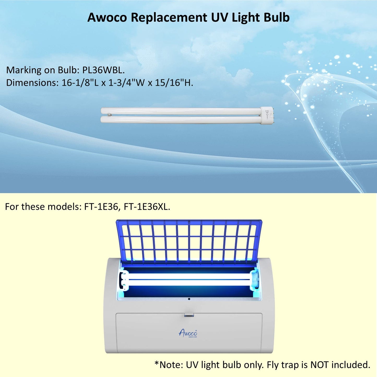 Awoco 2 Pcs Type E-FL UV Tube PL 36W BL Fluorescent UV Light Bulb for Wall Mount Sticky Fly Trap Lamp FT-1E36