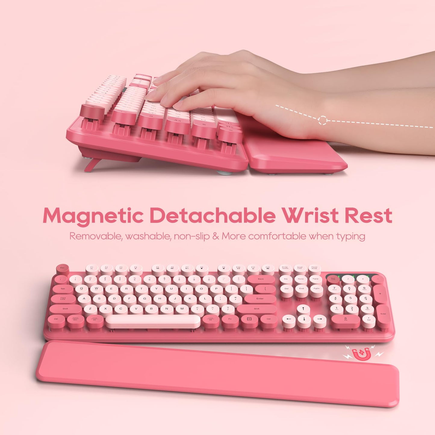 Wireless Keyboard and Mouse Combo, Cute Hot Pink Full-Size Retro Typewriter Keyboard with Round Keycaps, Magnetic Wrist Rest, Tilt Legs, 2.4GHz