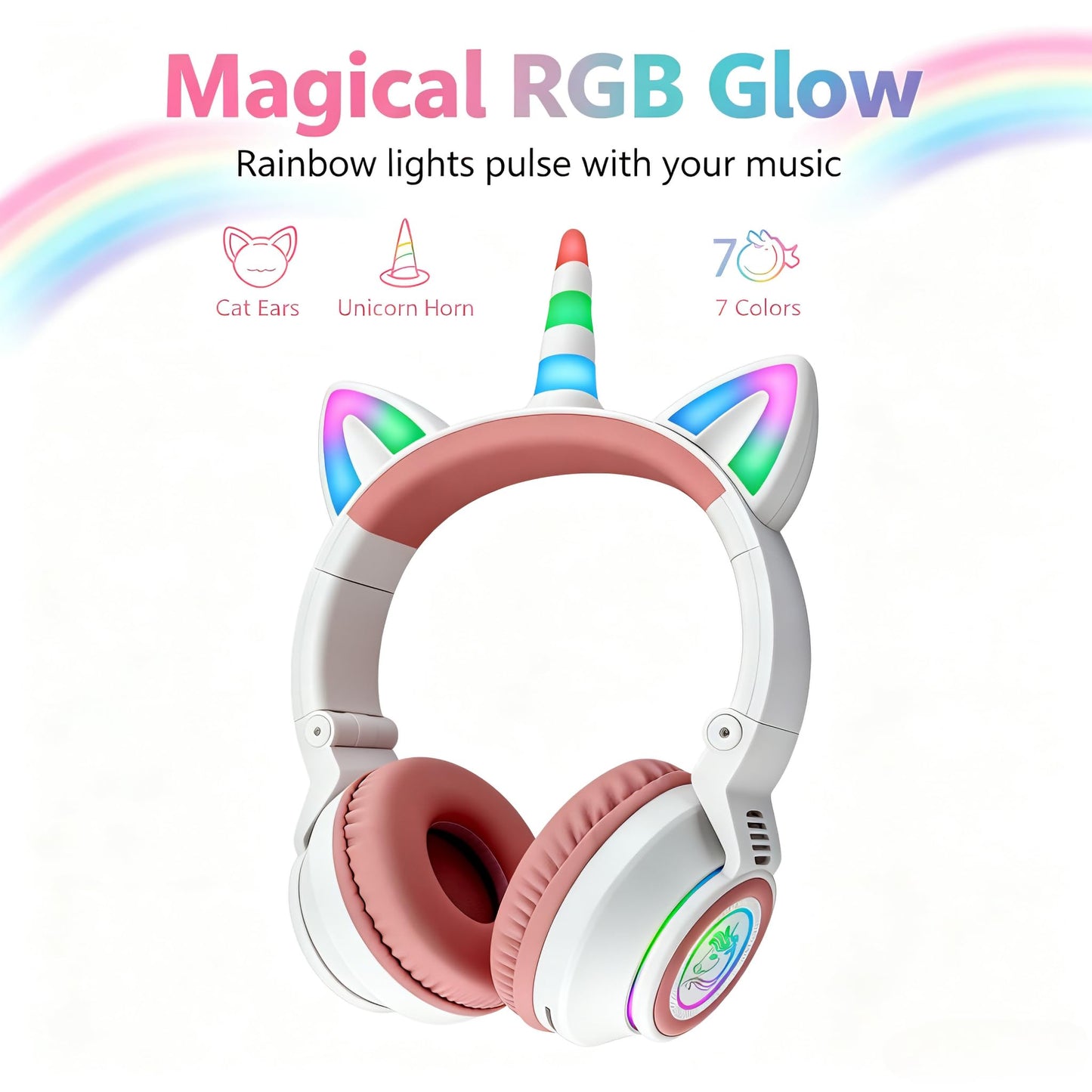 YUSONIC Upgrade Unicorn Headphones for Girls, Kids Bluetooth Wireless Headphones with 7 Colour Flash Light, 93dB Volume Limited, for Toddlers