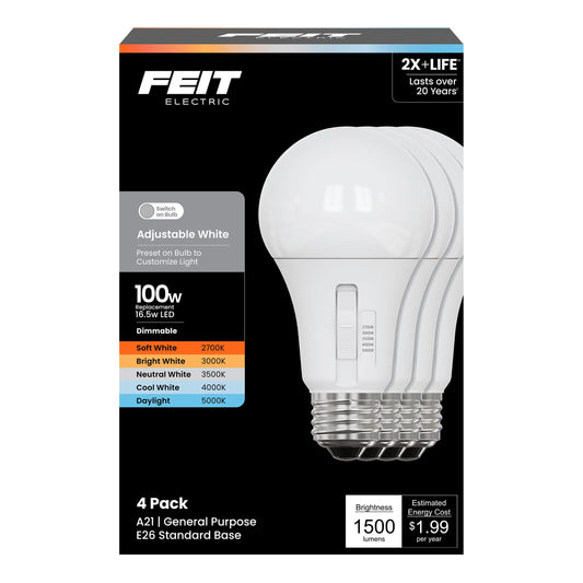 Feit Electric A21 LED Light Bulb, Adjustable White 2700K-5000K, Dimmable, 1500 Lumens, E26 Base, 25,000-Hour Lifetime (Adjustable White, 100 Watts)