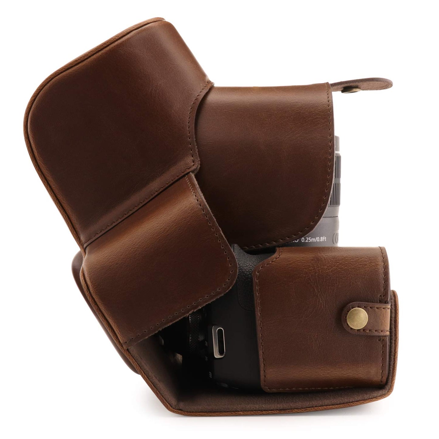 MegaGear MG1608 Ever Ready Leather Camera Case compatible with Canon EOS Rebel T7 (18-55mm), 2000D (18-55mm) - Dark Brown