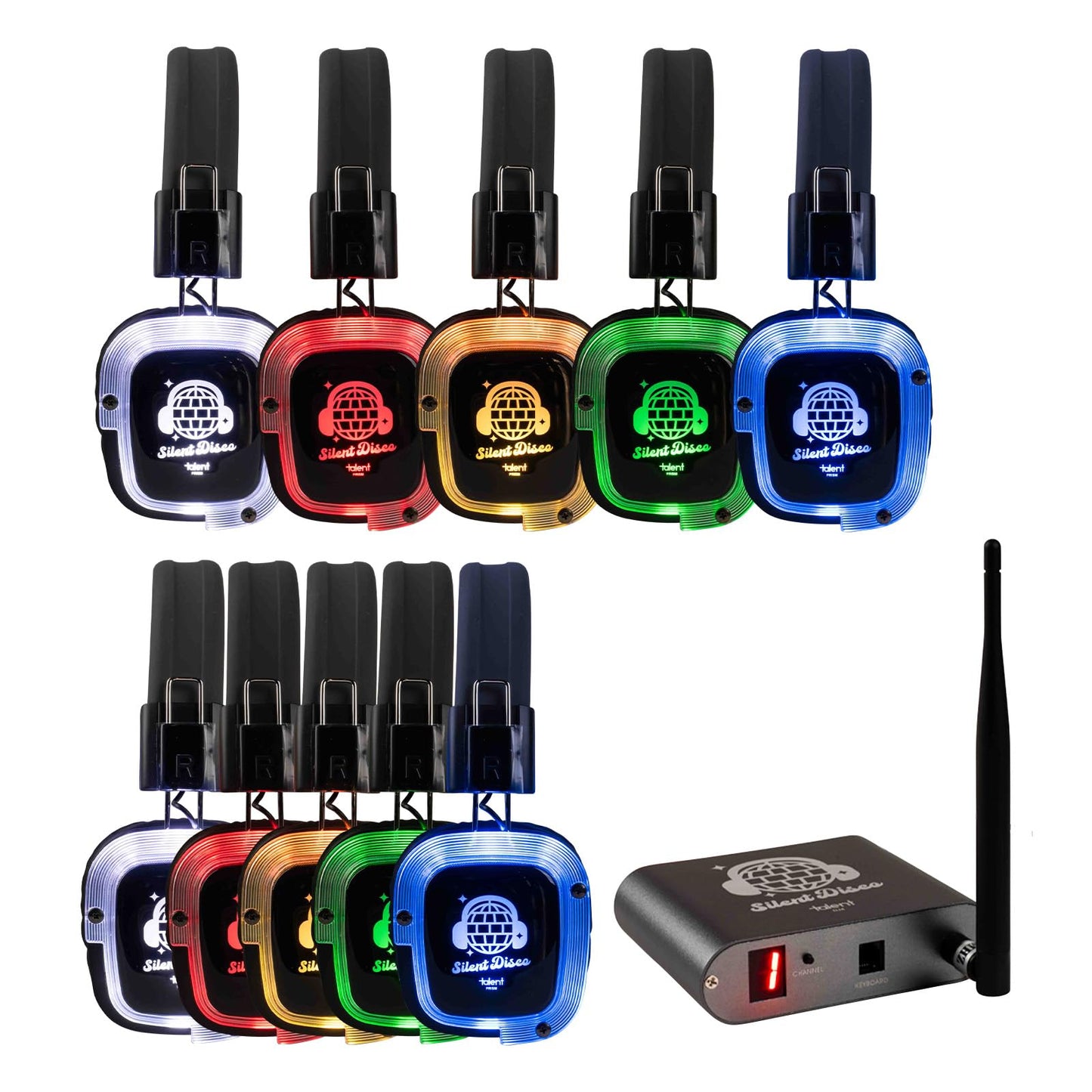 Talent Silent Disco Prism Color Changing Headphone 10 Pack with 1 Transmitter
