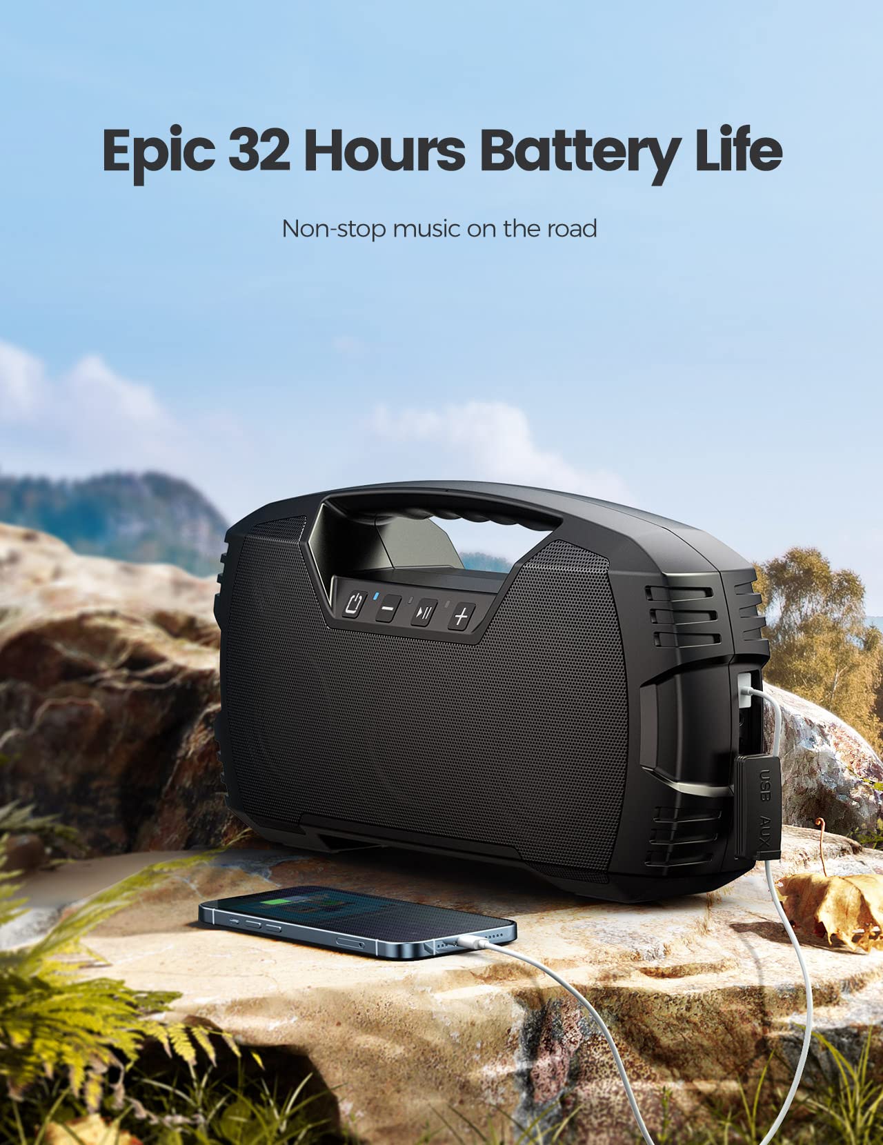 IPX7 Waterproof Bluetooth Speaker Wireless, 60W Peak, 32H Playtime Floating Portable Speakers Deep Bass Loud Stereo Sound with Handle, Rugged