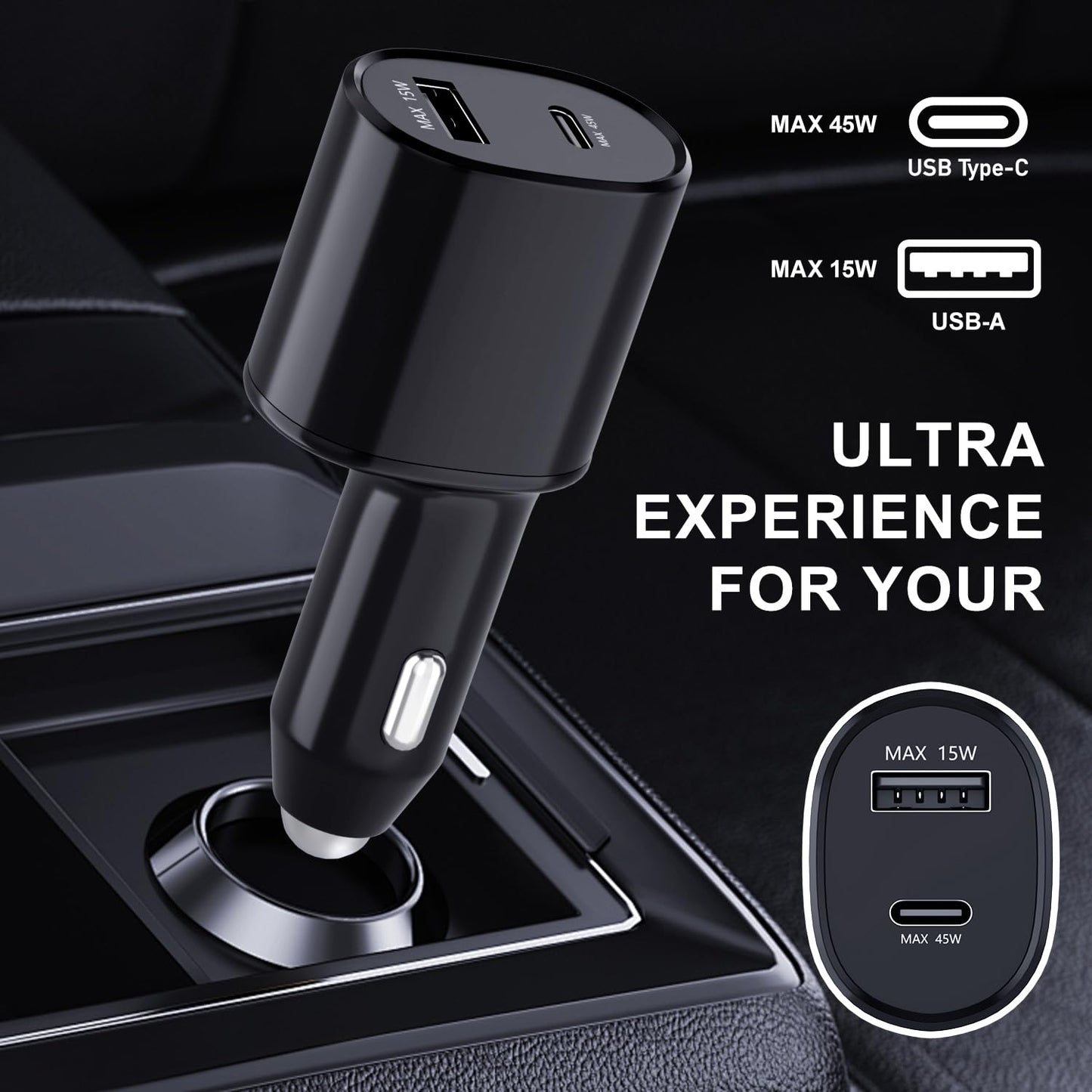 Super Fast Dual Car Charger (45W+15W) Dual Ports USB-C & USB-A White 6.6ft Cable for Samsung S25 S24 S23 S22- Black