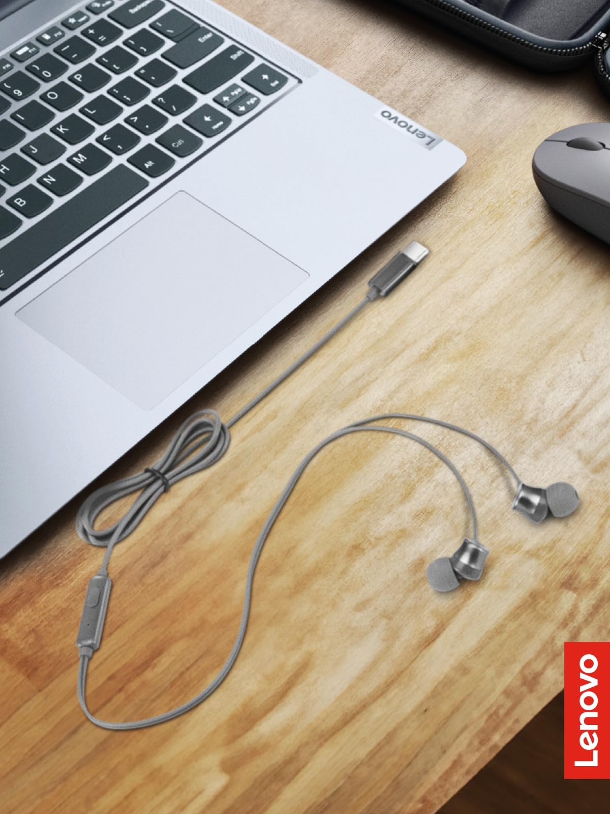 Lenovo - 300 Wired in-Ear USB-C Headphones - in-Line Microphone - USB-C Connectivity - Play & Pause Button - 3 Sizes Silicone Ear Tips Included, Grey