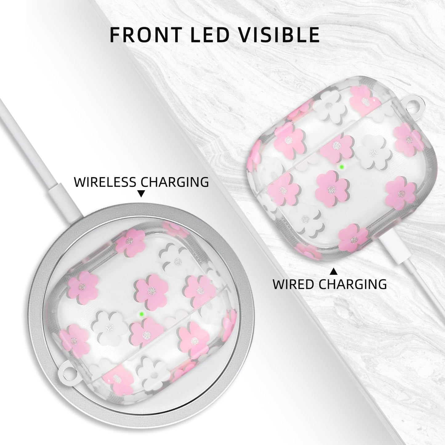 AIIEKZ Compatible with AirPods 3 Case Cover 2021, Soft TPU with Cute Flower Pattern for AirPods 3rd Generation Case with Flower Keychain and Carabiner