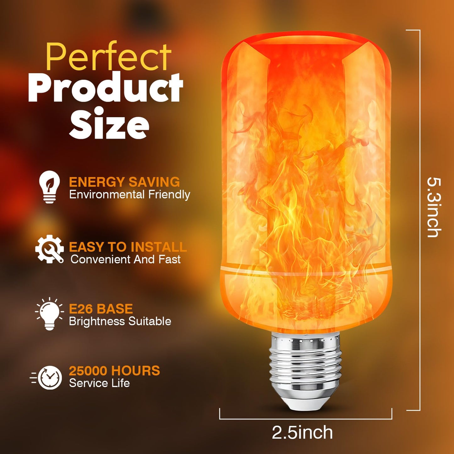 LED Flame Light Bulbs (2 Pack), 4 Modes Flickering Light Bulbs with Upside Down Effect, E26 Base Realistic LED Fire Lights for Halloween Christmas