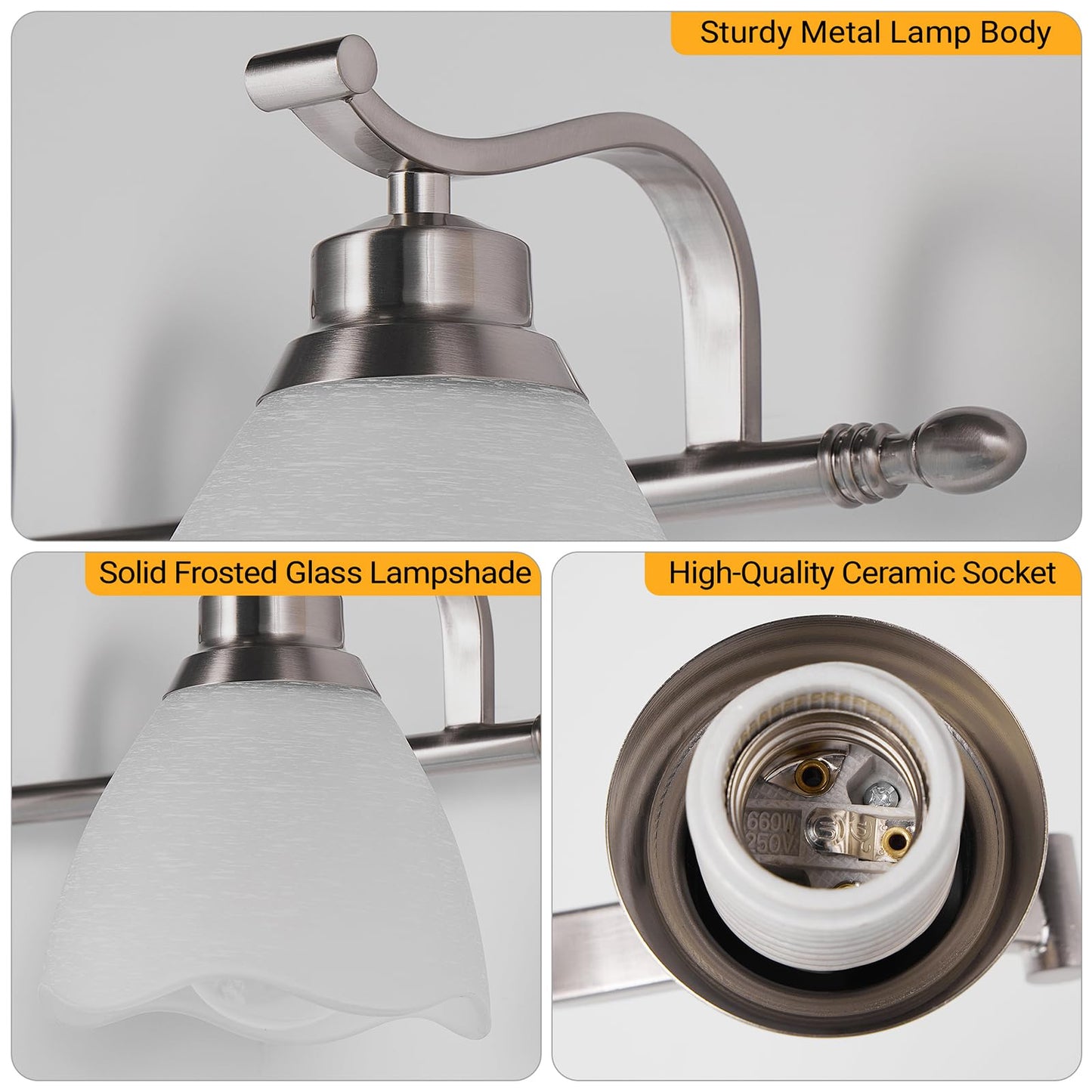 WJShome 19.5" Bathroom Light Fixtures, 3-Light Vanity Lights with Frosted Glass Shades, Brushed Nickel Wall Sconces, for Mirror Bedroom Hallway