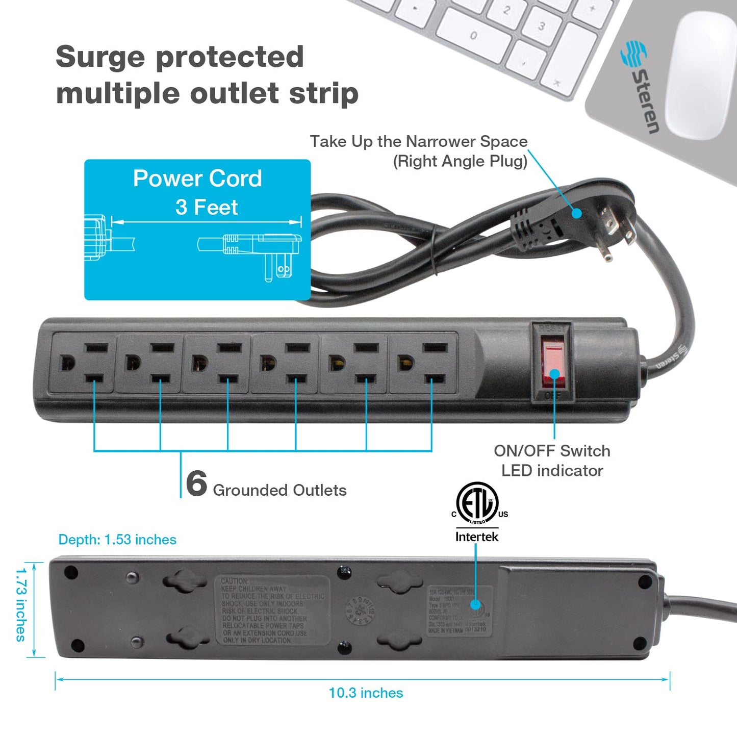 STEREN 6-Outlet, Plastic Surge Protector Strip, 3ft Cord, Right Angle Plug, 240 Joules, Black [905-132]