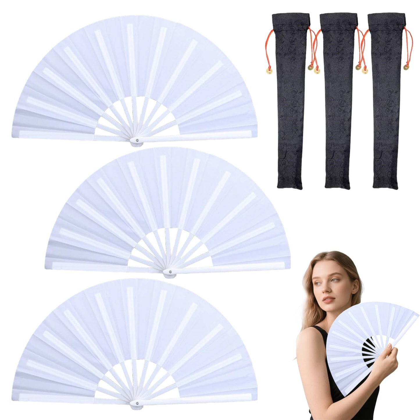 QIYUDA 13inchs Glitter Large Folding Popping Fan Line Dancing Fan, Big Foldable Boots on The Ground Hand Handheld Line Dance Clap Fans (3, 3 Pcak