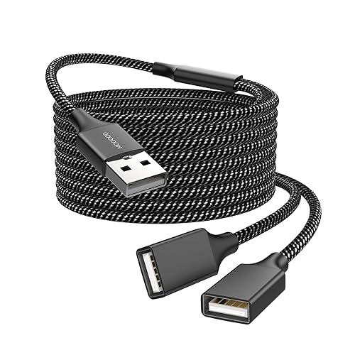 Durable USB A Male to 2 Female Extension Cord - Nylon Braided, Fast Data Transfer, Compatible with Printer, Keyboard, Flash Drive, Hard Drive…