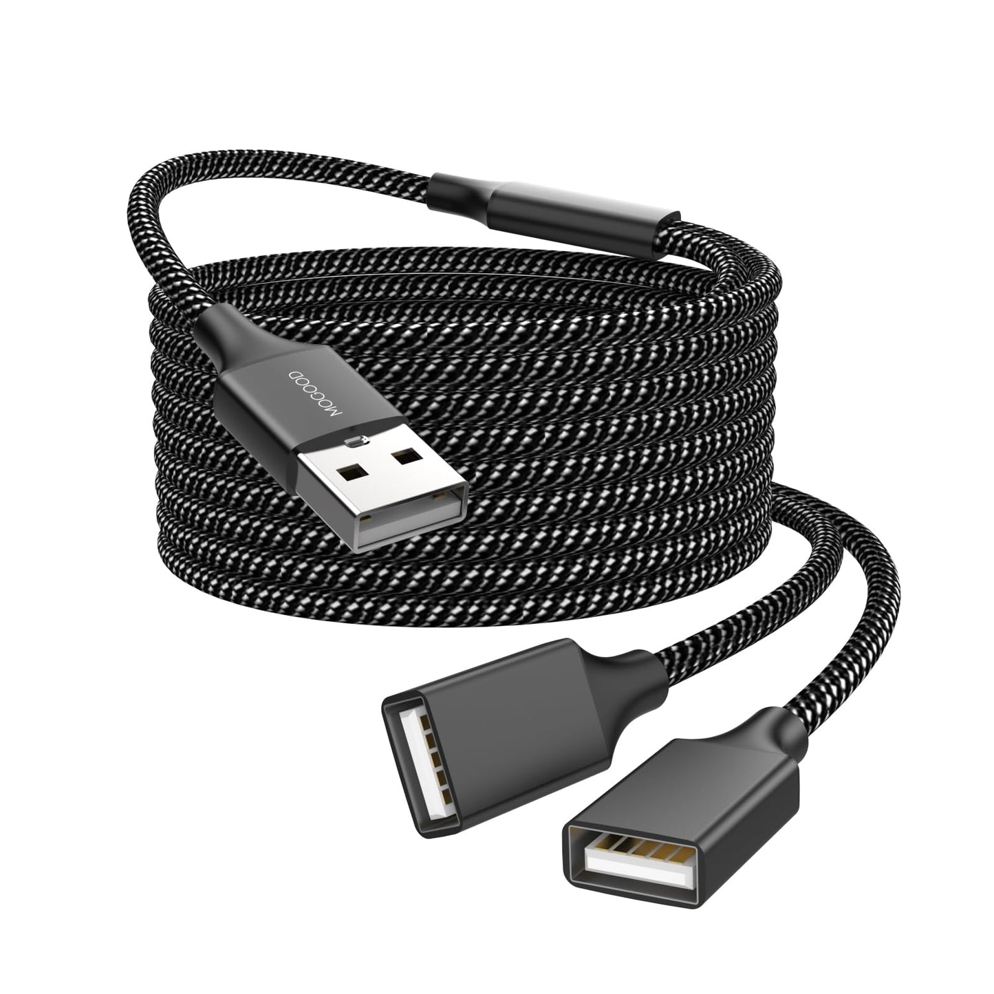 Durable USB A Male to 2 Female Extension Cord - Nylon Braided, Fast Data Transfer, Compatible with Printer, Keyboard, Flash Drive, Hard Drive…