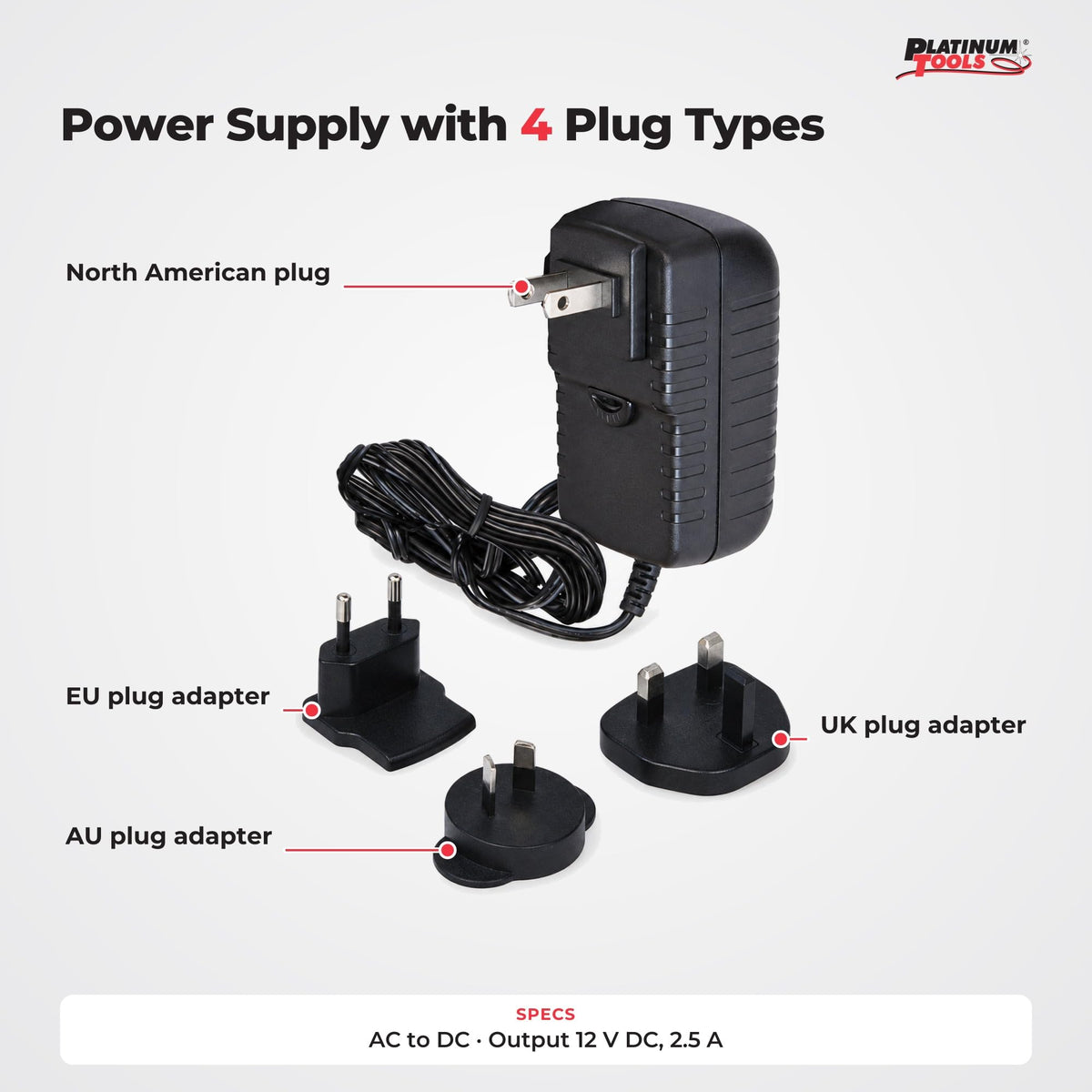 Platinum Tools TPS120 AC to DC Power Supply, 12V 2.5A with International Plug Adapters