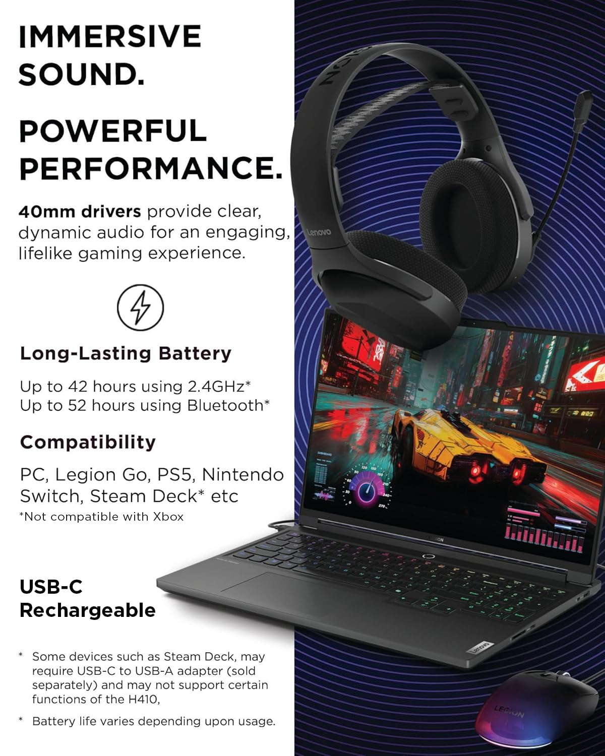 Lenovo Legion H410 Wireless Gaming Headset, Bluetooth or 2.4 GHz USB-A Connection, Lightweight (304 Grams), Adjustable Headband, Flip to Mute Mic