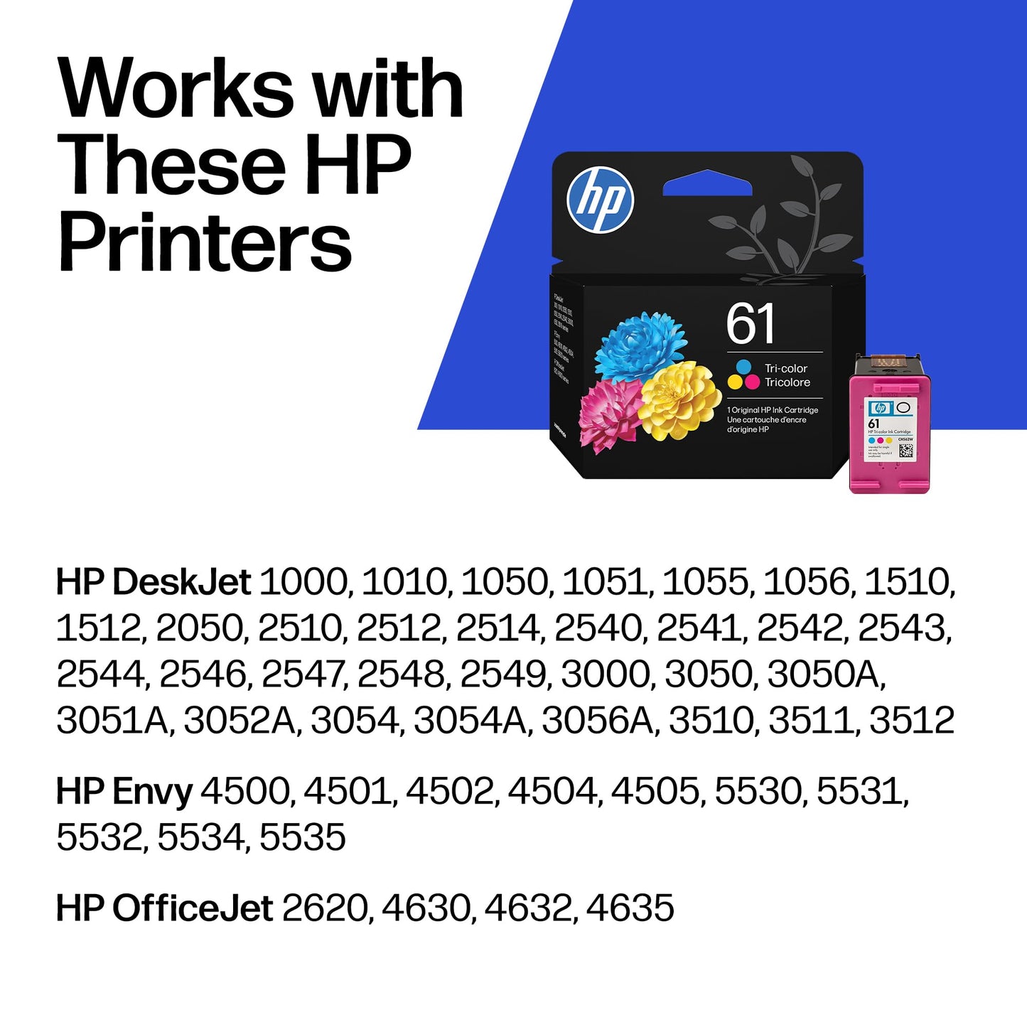 HP 61 Tri-Color Ink Cartridge | Works with DeskJet 1000, 1510, 2050, 2510, 2540, 3000, 3050, 3510; Envy 4500, 5530; OfficeJet 2620, 4630 | C0PA5AN |