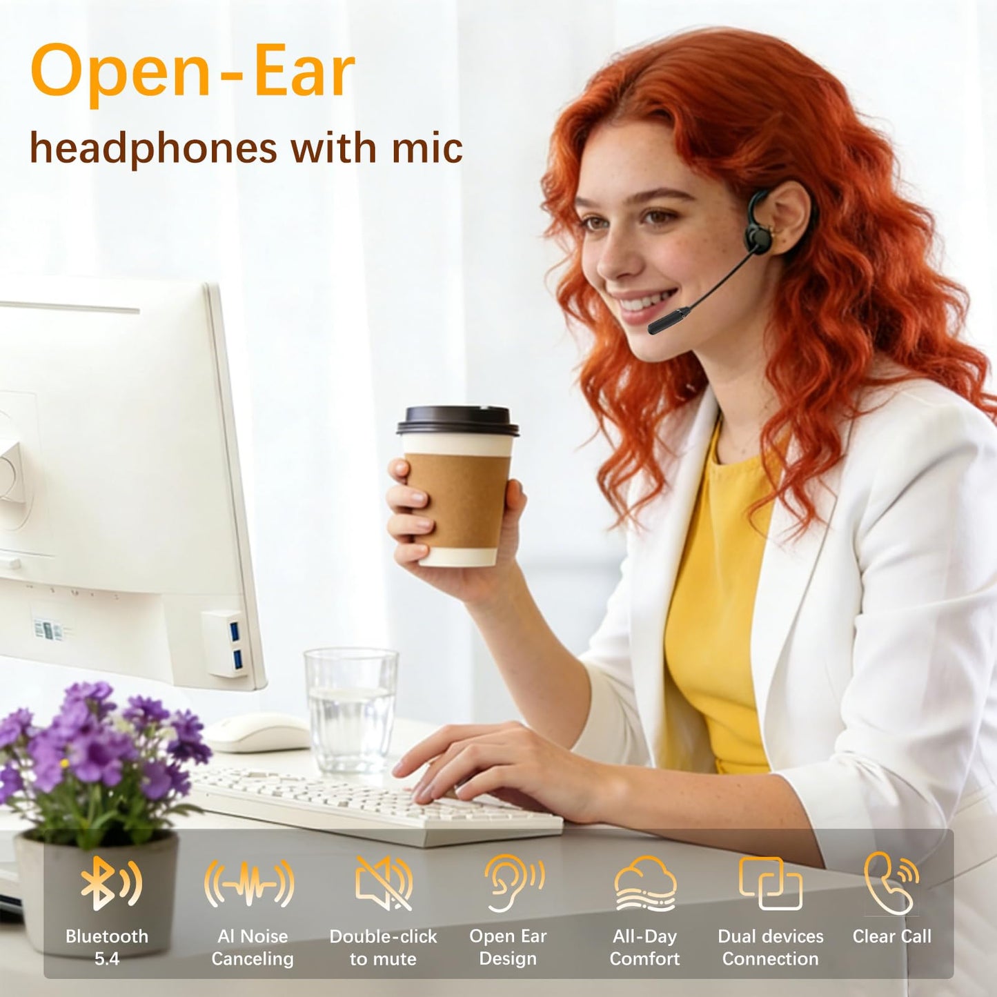 Bone Conduction Headphones with AI Noise-Canceling Mic, Double-Tap Mute, Bluetooth 5.4 Dual Device, Open-Ear Safe for Truck Drivers, All-Day Comfort…