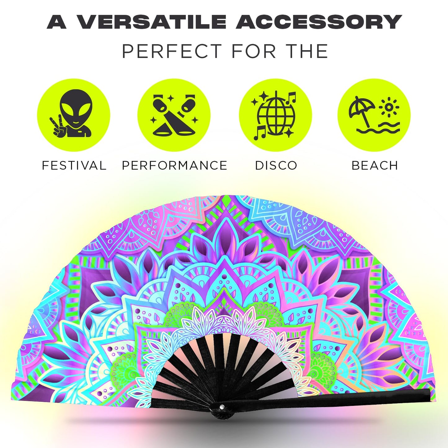 GloFX UV Glow Mandala Rave Handheld Fan - Teal, Pink, Purple & Green Design - Large Folding Fan for Festival Fashion, Essential Rave Accessories