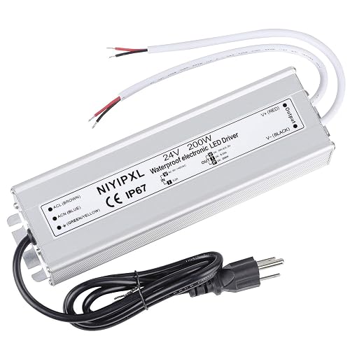 LED Driver 200 Watts 24V DC Low Voltage Transformer? Waterproof IP67 LED Power Supply, Adapter with 3-Prong Plug 3.3 Feet Cable for Any 24V DC led
