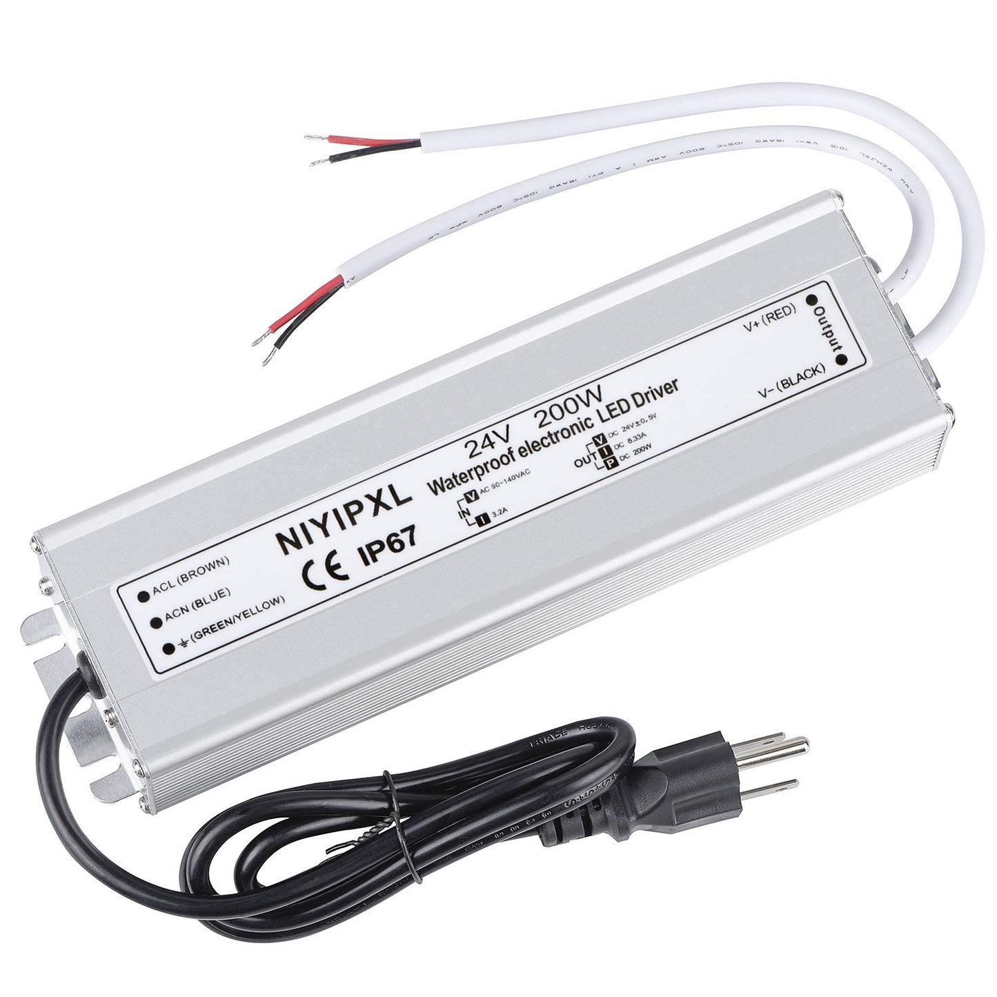 LED Driver 200 Watts 24V DC Low Voltage Transformer? Waterproof IP67 LED Power Supply, Adapter with 3-Prong Plug 3.3 Feet Cable for Any 24V DC led