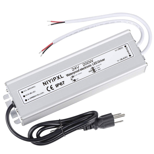LED Driver 200 Watts 24V DC Low Voltage Transformer? Waterproof IP67 LED Power Supply, Adapter with 3-Prong Plug 3.3 Feet Cable for Any 24V DC led