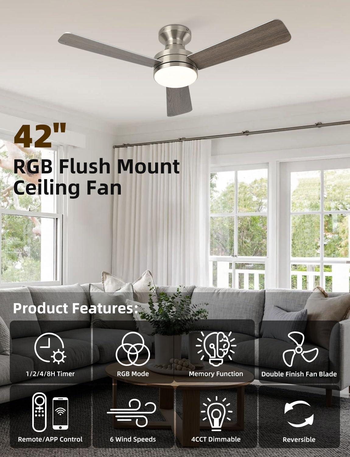 Homlit 42 inch RGB Ceiling Fan with Light, Smart App & Remote Control Low Profile Flush Mount, Music Sync Lighting, 6-Speed Quiet Reversible DC Motor