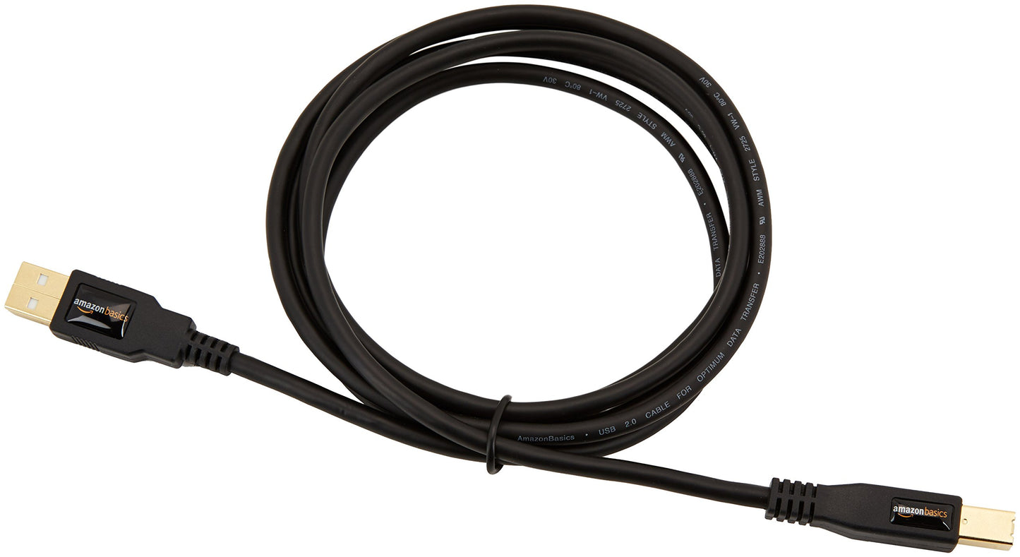 Amazon Basics USB-A to USB-B 2.0 Cable for Printer or External Hard Drive, Computer Compatible, Gold-Plated Connectors, Black, 6 Foot