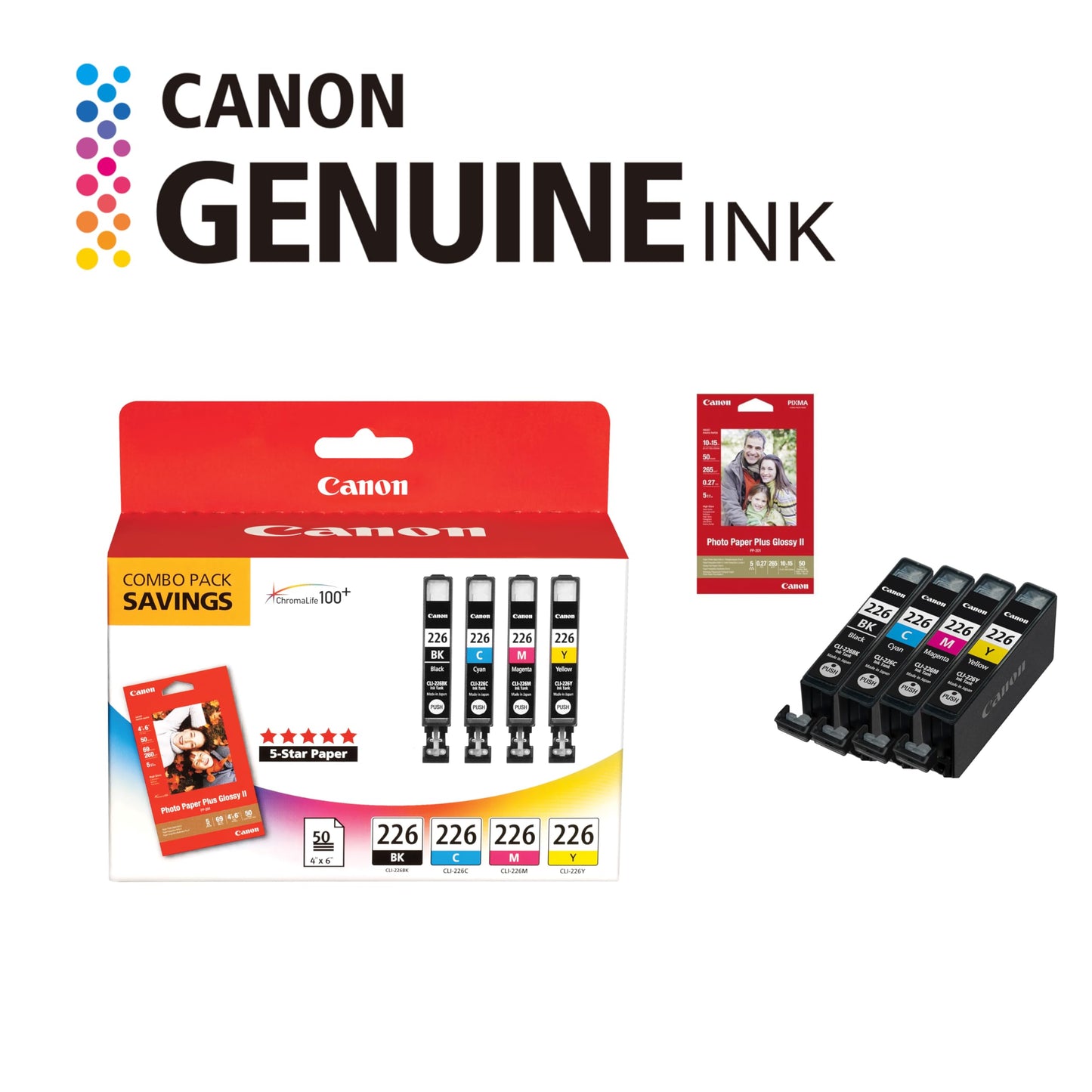 Canon CLI-226 Genuine Color Pack with 50 Photo Paper Sheets, Compatible with iP4820, MG5220, MG5120, MG6120, MG8120, MX882, iX6520, iP4920, MG5320