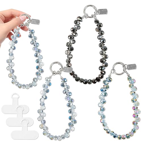 NEETUE 3PCS Crystal Beaded Wrist Strap Cell Phone Charm with 3Pcs Tether Tab Phone Bracelet Wrist Strap Lanyard for Women