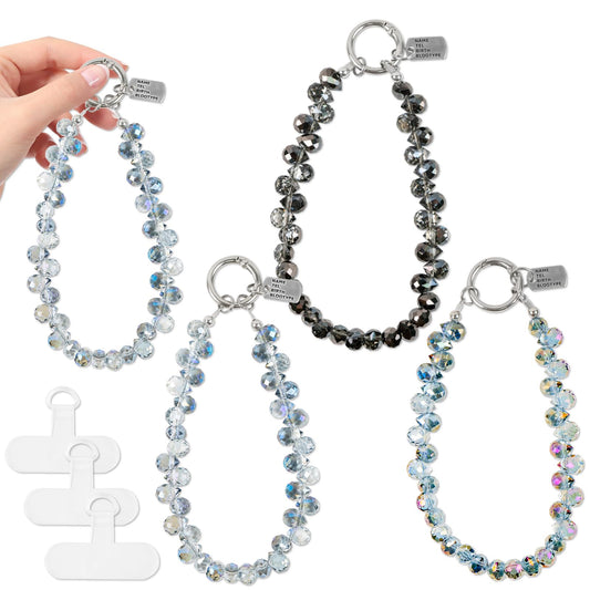 NEETUE 3PCS Crystal Beaded Wrist Strap Cell Phone Charm with 3Pcs Tether Tab Phone Bracelet Wrist Strap Lanyard for Women