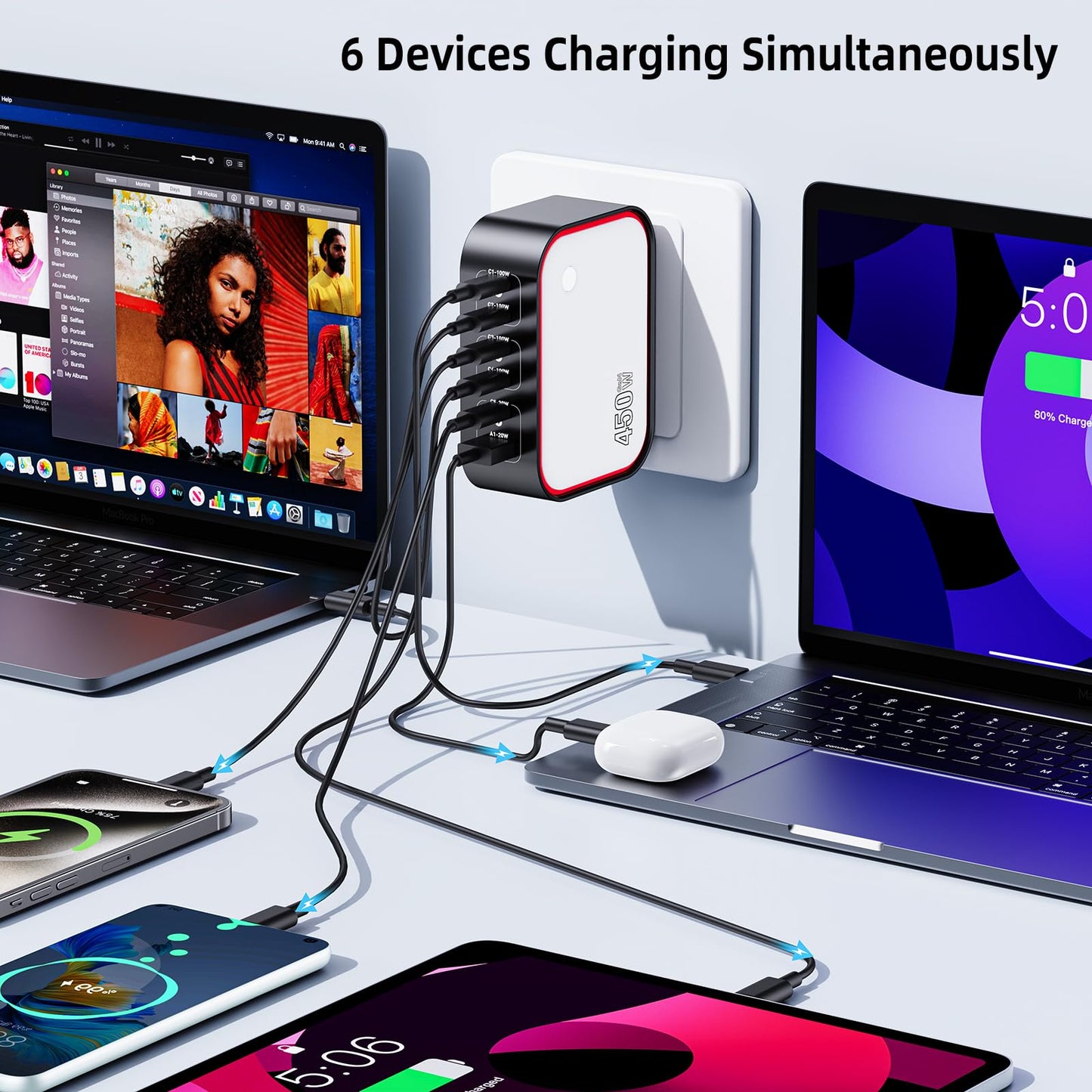 450W 6-Port Foldable GaN USB C Wall Charger, All-in-One Charging Station with Color LED | 100W PD Fast Charging Block for MacBook, iPhone, iPad