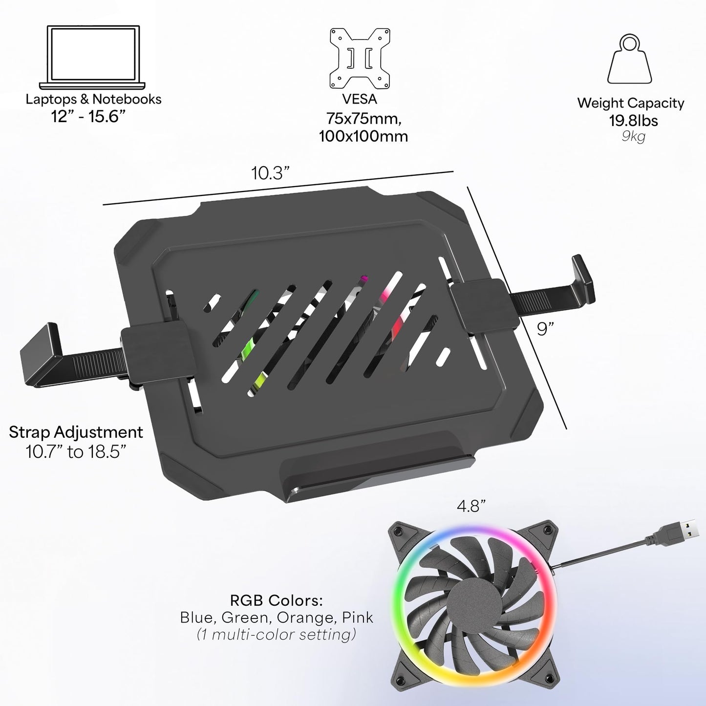 VIVO Universal Adjustable 12 to 15.6 inch Laptop Notebook Tray with RGB Fan, Fits VESA Compatible Monitor Arms, Black, STAND-LAP5F