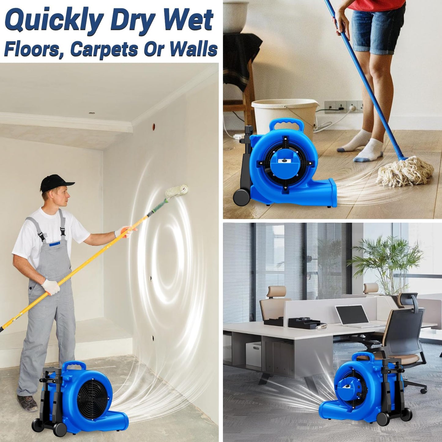 BSMTEK 5000 CFM 1HP Air Mover Blower Fan, Floor Blower Dryer, 3 Speeds, 4 Adjustable Angles, Handle Wheelkit, 15Ft Long Cord Portable, Stackable