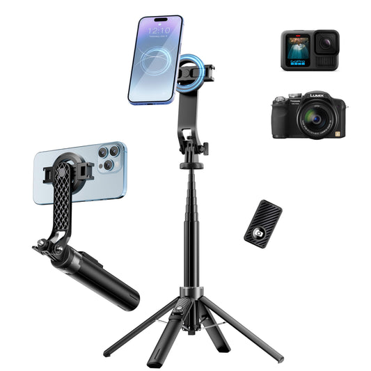 54" Magnetic Phone Tripod, Selfie Stick Tripod for iPhone Android MagSafe & Camera with Rechargeable Remote & 2 in 1 Magnetic Holder, for Travel Vlog