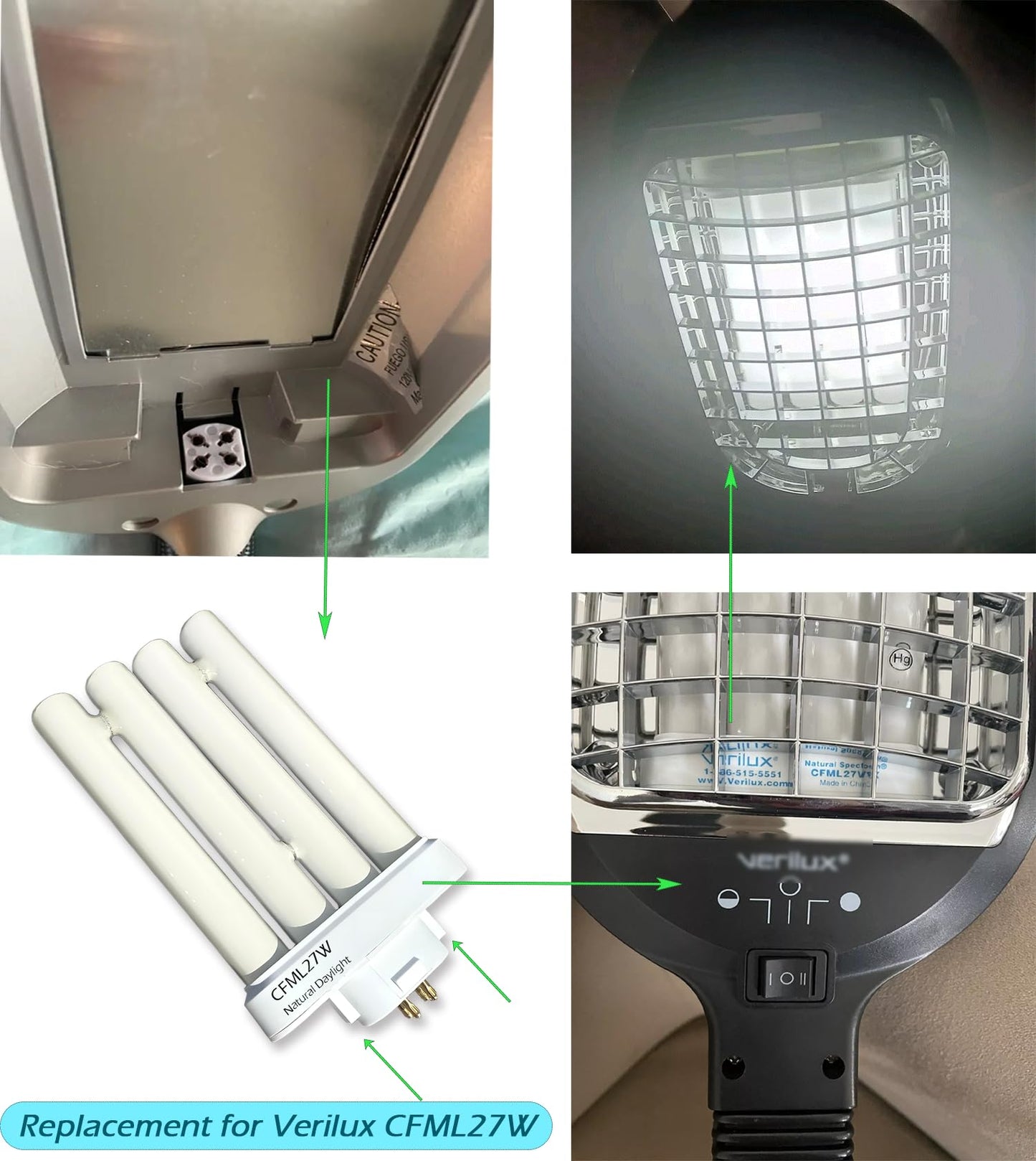 Cemlorot CFML27VLX Full Spectrum Fluorescent Bulb, 6500K Natural Daylight Replacement for Verilux 27W Desk & Floor Lamps Light,GX10Q-4 4 Pin Base in