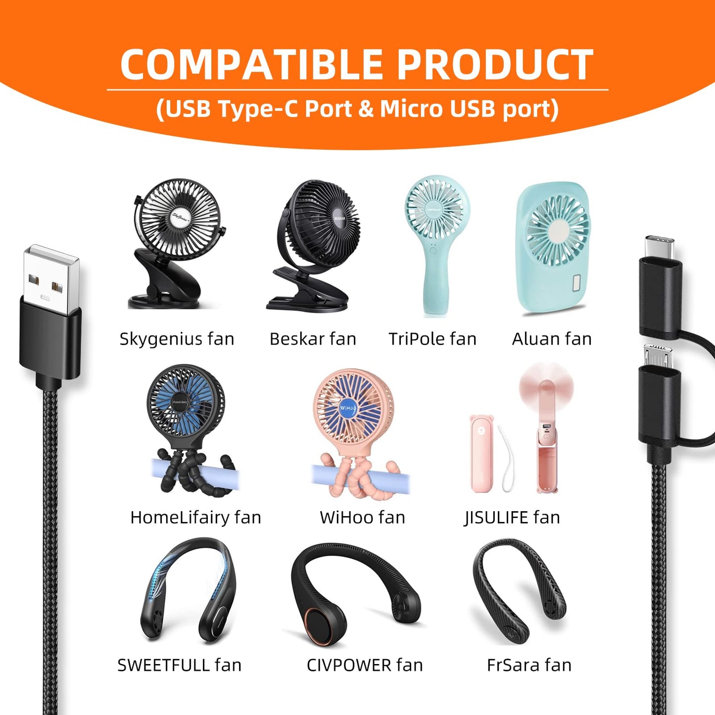 USB C & Micro USB Handheld Mini Portable Fans Charger Compatible for Version Fan,HomeLifairy, WiHoo, FrSara, SkyGenius, Bladeless Mini Desk Fan