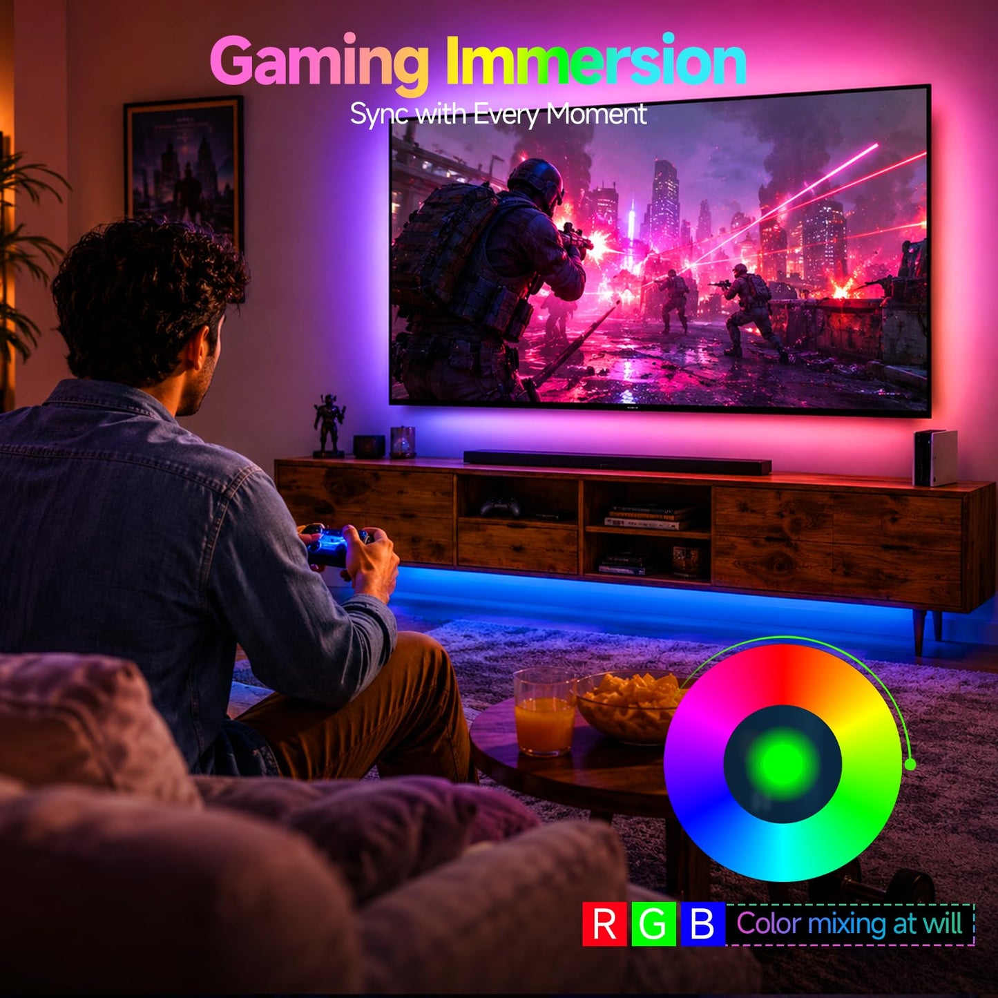 Daymeet TV LED Backlight, 16.4ft RGB Strip Lights for 65-85 Inch TVs, App Control
