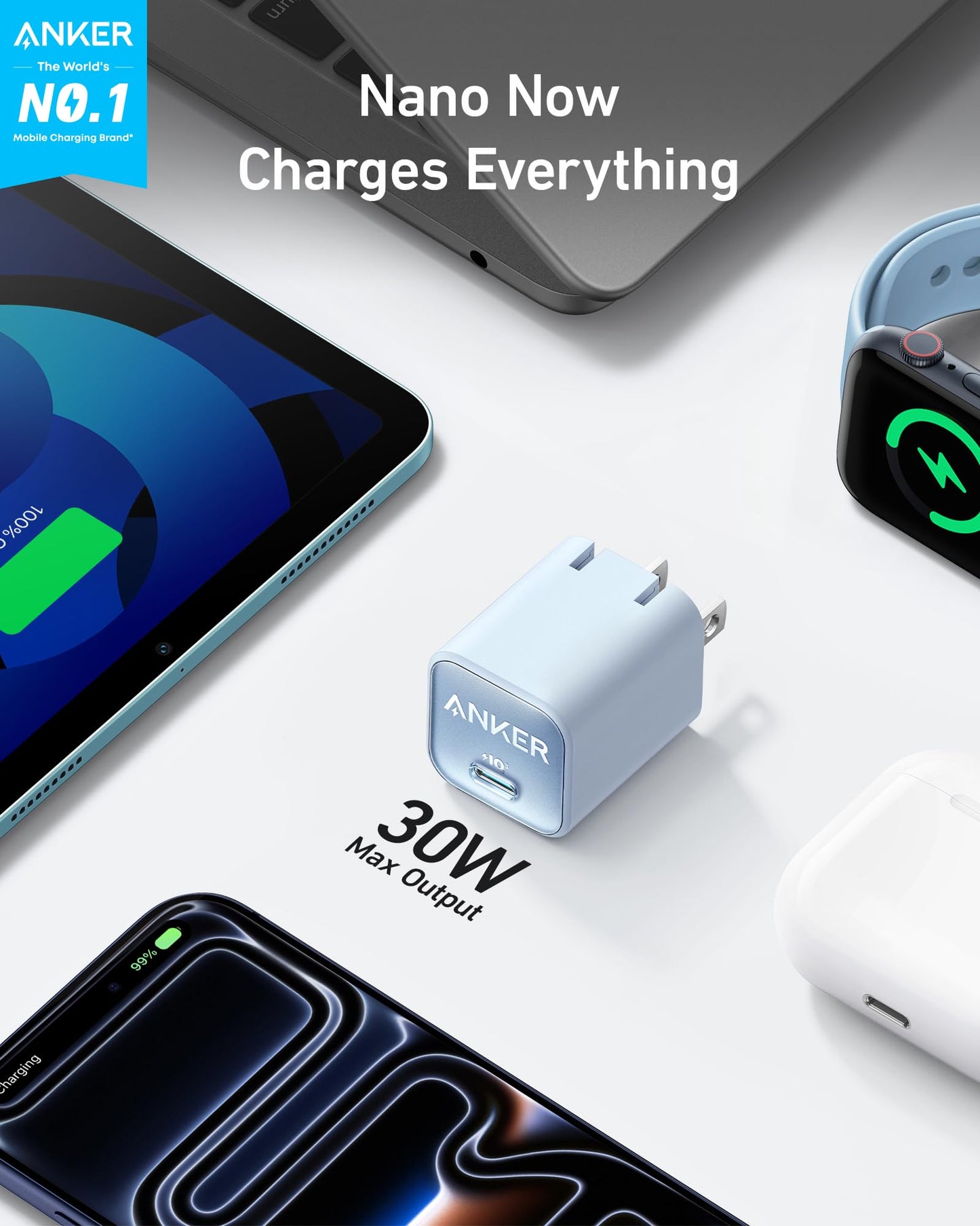 Anker Nano Phone Charger, 30W Portble and Foldable USB C GaN Charger