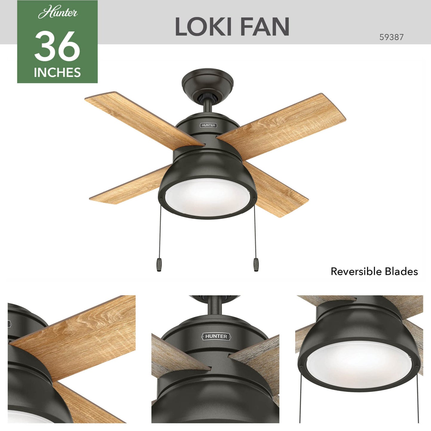 Hunter 36 inch Small Indoor Ceiling Fan with LED Light and Pull Chain - Standard Mount Bronze Ceiling Fan, 4 Blades, for Bedroom, Home Office, or