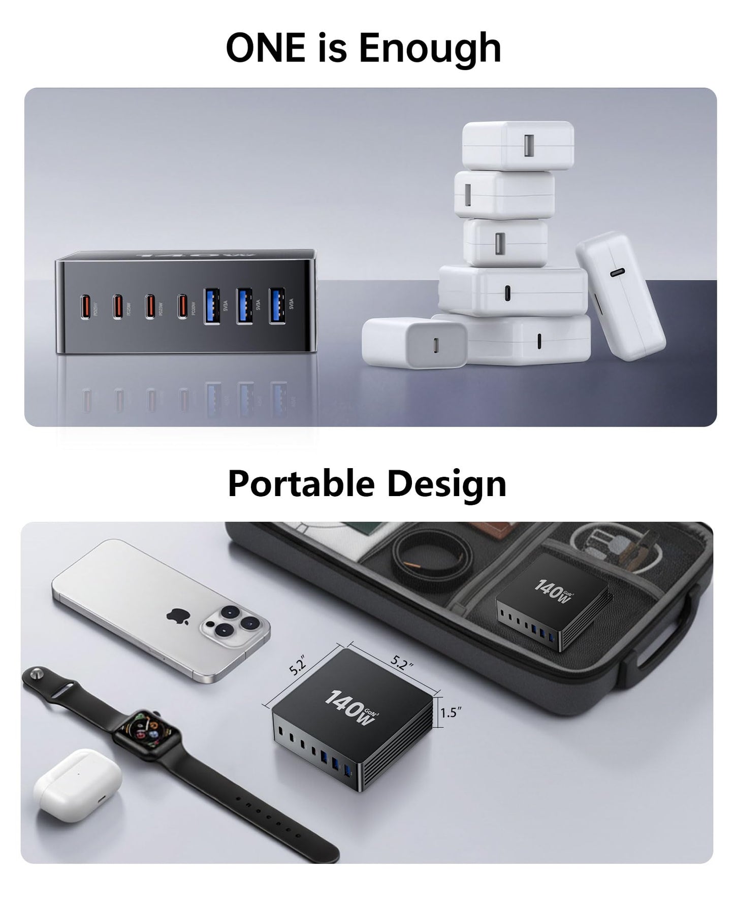 USB C Charging Station, 140W GaN III 7 Port Fast Charger Station, PD 3.0 USB Charging Station for Multiple Devices, Multiple USB C Charger Station