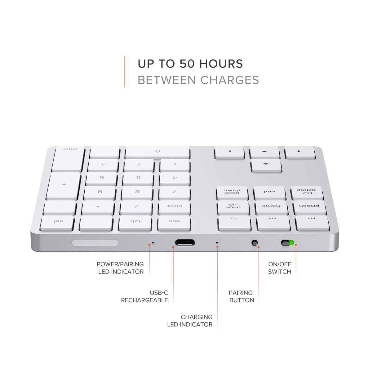 Satechi Bluetooth Extended Numeric Keypad, Rechargeable 34-Key, Silver