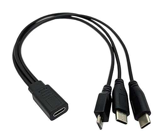 Qaoquda USB C Splitter Charge Cable,1 Feet USB Type C Female to 2 Type C +1 Micro USB Male Splitter Extension Charging Cable, 3 in 1 Fast Charging