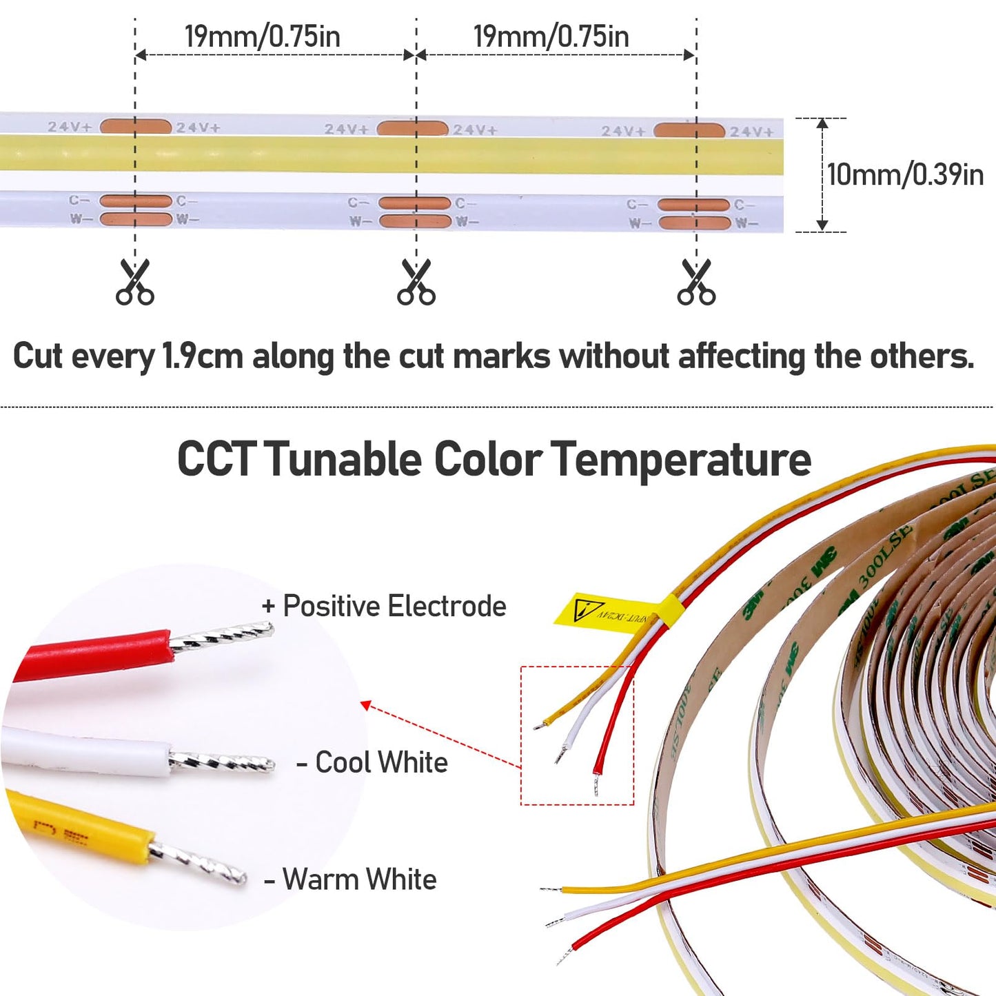 GOMING 24V Spotlight Linear CCT Tunable White COB LED Strip 2700-6500K 16.4ft(5M) 624LEDs/M CRI 93+ IP20 No-Waterproof LED Tape Lights for Home
