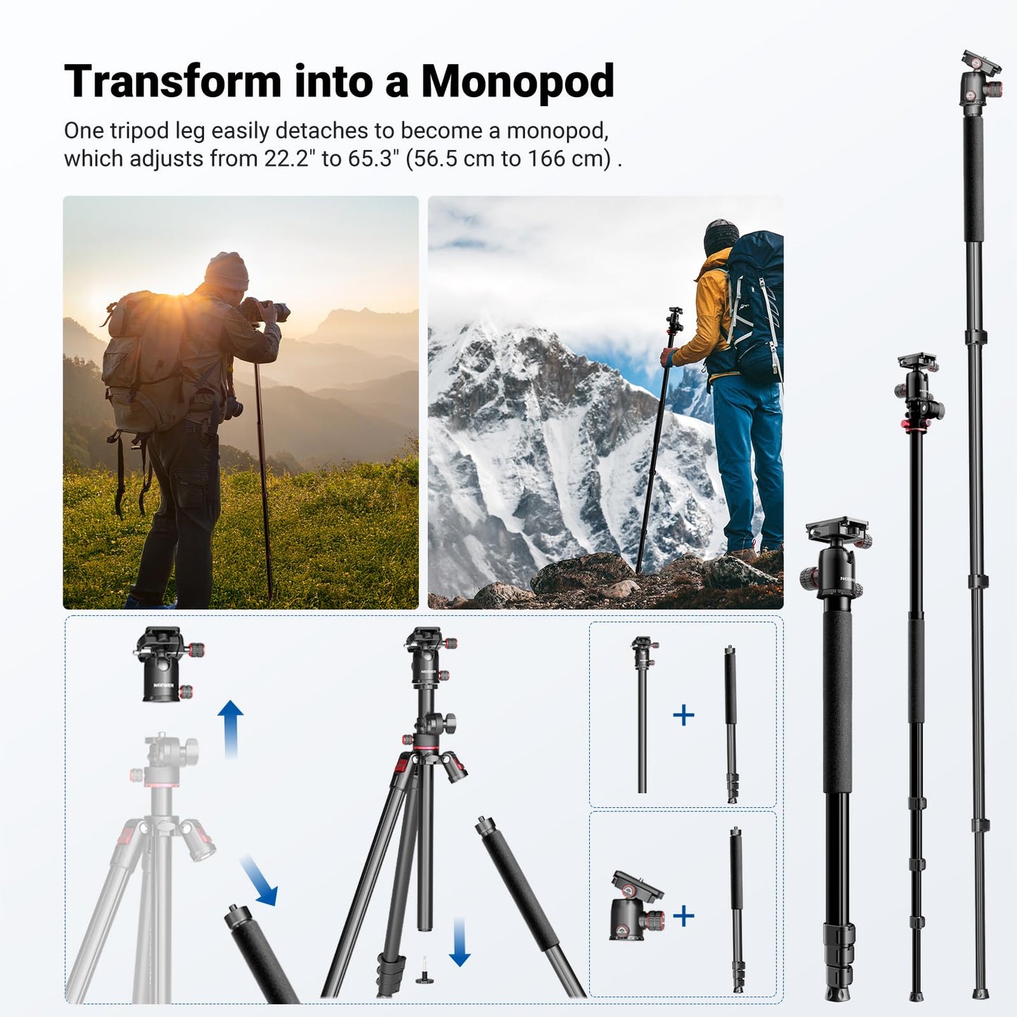 NEEWER 90 Inch Tall Overhead Horizontal Camera Tripod Monopod with Ball Head & Flexible Center Column, Metal DSLR Video Travel Stand, Arca Type QR