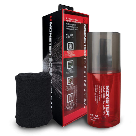 Monster Screen Cleaner Kit with Microfiber Cloth, 6.7 oz (200 mL) Monitor Cleaning Spray for HDTVs, Laptops, Tablets, Smartphones and Eyeglasses, White/Black/Red